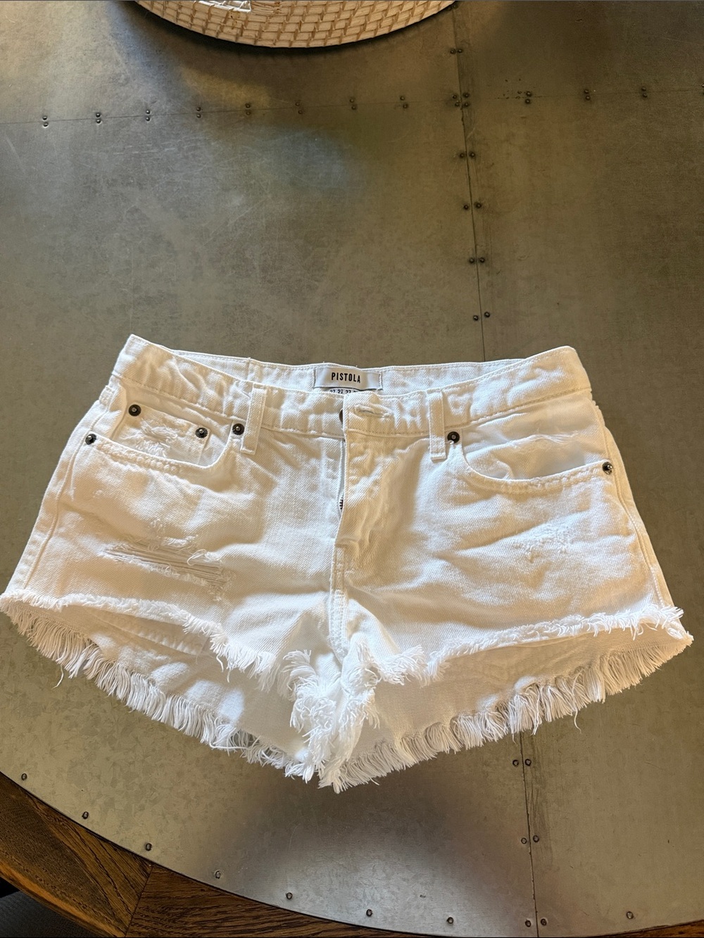 pistola White Frayed Hem Denim Cutoff Shorts, white, 27